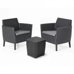Keter Set 2 Poltrone + Tavolino contenitore con Cuscini SALEMO BALCONY Grafite- Divani E Set Da Giardino|Divani E Set Da Giardino